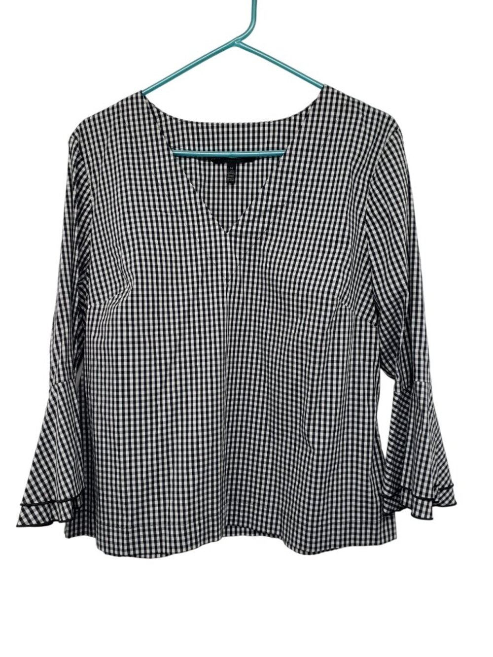 White House Black Market Black White Gingham Fall Plaid Bell Sleeve Top Blouse